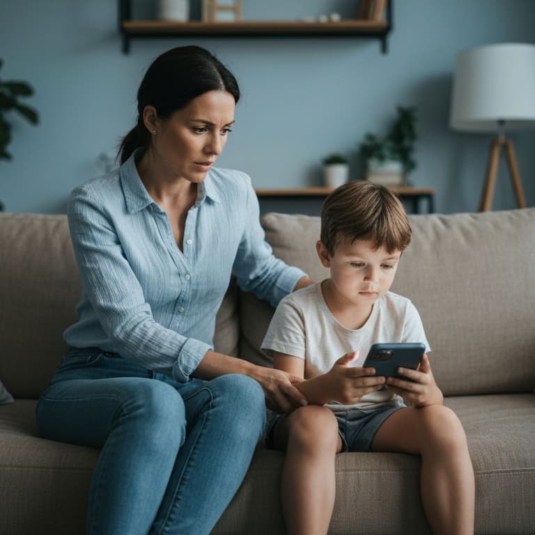 Mae e filho usando celular